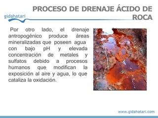 antropogénico produce
Por otro lado, el drenaje
áreas
mineralizadas que poseen agua
con bajo
concentración
pH y elevada
de metales y
sulfatos
humanos
debido a procesos
que modifican la
exposición al aire y agua, lo que
cataliza la oxidación.
PROCESO DE DRENAJE ÁCIDO DE
ROCA
 