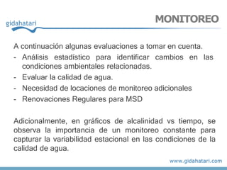 A continuación algunas evaluaciones a tomar en cuenta.
- Análisis estadístico para identificar cambios en las
condiciones ambientales relacionadas.
- Evaluar la calidad de agua.
- Necesidad de locaciones de monitoreo adicionales
- Renovaciones Regulares para MSD
Adicionalmente, en gráficos de alcalinidad vs tiempo, se
observa la importancia de un monitoreo constante para
capturar la variabilidad estacional en las condiciones de la
calidad de agua.
MONITOREO
 