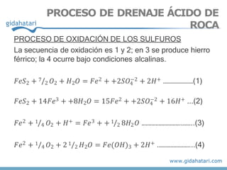 PROCESO DE OXIDACIÓN DE LOS SULFUROS
La secuencia de oxidación es 1 y 2; en 3 se produce hierro
férrico; la 4 ocurre bajo condiciones alcalinas.
4
𝐹𝑒𝑆2 + 7/2 𝑂2 + 𝐻2𝑂 = 𝐹𝑒2 + +2𝑆𝑂−2 + 2𝐻+ …………………(1)
4
𝐹𝑒𝑆2 + 14𝐹𝑒3 + +8𝐻2𝑂 = 15𝐹𝑒2 + +2𝑆𝑂−2 + 16𝐻+ ...(2)
𝐹𝑒2 + 1/4 𝑂2 + 𝐻+ = 𝐹𝑒3 + + 1/2 8𝐻2𝑂 ……………………….……..(3)
𝐹𝑒2 + 1/4 𝑂2 + 2 1/2 𝐻2𝑂 = 𝐹𝑒(𝑂𝐻)3 + 2𝐻+ .…………………...(4)
PROCESO DE DRENAJE ÁCIDO DE
ROCA
 