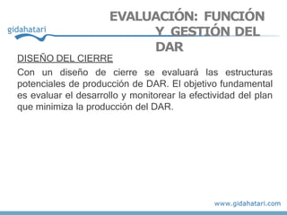 DISEÑO DEL CIERRE
Con un diseño de cierre se evaluará las estructuras
potenciales de producción de DAR. El objetivo fundamental
es evaluar el desarrollo y monitorear la efectividad del plan
que minimiza la producción del DAR.
EVALUACIÓN: FUNCIÓN
Y GESTIÓN DEL
DAR
 