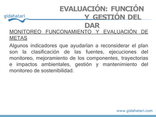 MONITOREO FUNCONAMIENTO Y EVALUACIÓN DE
METAS
Algunos indicadores que ayudarían a reconsiderar el plan
son la clasificación de las fuentes, ejecuciones del
monitoreo, mejoramiento de los componentes, trayectorias
e impactos ambientales, gestión y mantenimiento del
monitoreo de sostenibilidad.
EVALUACIÓN: FUNCIÓN
Y GESTIÓN DEL
DAR
 