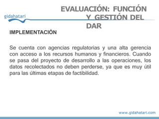 IMPLEMENTACIÓN
Se cuenta con agencias regulatorias y una alta gerencia
con acceso a los recursos humanos y financieros. Cuando
se pasa del proyecto de desarrollo a las operaciones, los
datos recolectados no deben perderse, ya que es muy útil
para las últimas etapas de factibilidad.
EVALUACIÓN: FUNCIÓN
Y GESTIÓN DEL
DAR
 