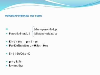 POROSIDAD DRENABLE DEL SUELO
 Macroporosidad, µ
 Porosidad total, E Microporosidad, cc
 E = µ + cc ; µ = E – cc
 Por Definición: µ = θ Sat – θ cc
 E = ( 1- Da/Dr) x 100
 µ = √ k, %
 k = cm/día
 