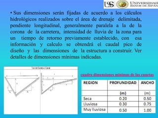 • Sus dimensiones serán fijadas de acuerdo a los cálculos
hidrológicos realizados sobre el área de drenaje delimitada,
pendiente longitudinal, generalmente paralela a la de la
corona de la carretera, intensidad de lluvia de la zona para
un tiempo de retorno previamente establecido, con esa
información y calculo se obtendrá el caudal pico de
diseño y las dimensiones de la estructura a construir. Ver
detalles de dimensiones mínimas indicadas.
cuadro dimensiones mínimas de las cunetas
 