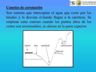 Cunetas de coronación
Son cunetas que interceptan el agua que corre por los
taludes y la desvían evitando llegue a la carretera. Se
emplean estas cunetas cuando los puntos altos de los
cortes son erosionables; se ubican en la parte superior.
 