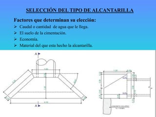 Factores que determinan su elección:
 Caudal o cantidad de agua que le llega.
 El suelo de la cimentación.
 Economía.
 Material del que esta hecho la alcantarilla.
SELECCIÓN DEL TIPO DE ALCANTARILLA
 
