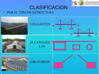 COLGANTES
ALCANTARIL
LAS
GIRATORIOS
CLASIFICACION
• POR EL TIPO DE ESTRUCTURA
 