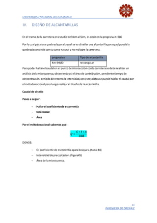 UNIVERSIDADNACIONALDECAJAMARCA
13
INGENIERIA DE DRENAJE
IV. DISEÑO DE ALCANTARILLAS
En el tramo de la carretera enestudiodel 4kmal 5km, esdeciren laprogesiva4+680
Por lacual pasa una quebradapara lacual se va diseñarunaalcantarillaparaq así puedala
quebradacontinúe consucurso natural y no malogre lacarretera.
progresiva Tipode alcantarilla
Km 4+680 rectangular
Para poderhallarel caudal en el puntode intersecciónconlacarreterase debe realizar un
análisisde lamicrocuenca,obteniendoasíel área de contribución,pendiente tiempode
concentración,periodode retornolaintensidad,conestosdatosse puede hablarel caudal por
el métodoracional para luegorealizarel diseñode laalcantarilla.
Caudal de diseño
Pasos a seguir:
- Hallar el coeficiente de escorrentía
- Intensidad
- Área
Por el métodoracional sabemosque:
𝑸 =
𝑪 ∗ 𝑰 ∗ 𝑨
𝟑𝟔𝟎
DONDE:
- C= coeficiente de escorrentíaaparabosques. (tabal #4)
- Intensidad de precipitación.(figura#5)
- Áreade lamicrocuenca.
 