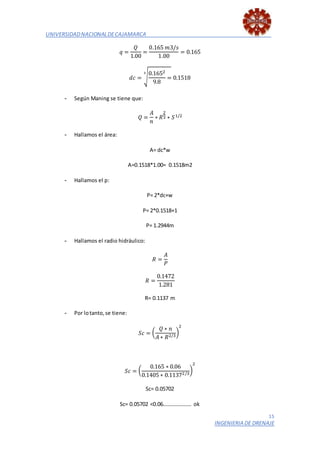 UNIVERSIDADNACIONALDECAJAMARCA
15
INGENIERIA DE DRENAJE
𝑞 =
𝑄
1.00
=
0.165 𝑚3/𝑠
1.00
= 0.165
𝑑𝑐 = √
0.1652
9.8
=
3
0.1518
- Según Maning se tiene que:
𝑄 =
𝐴
𝑛
∗ 𝑅
2
3 ∗ 𝑆1/2
- Hallamos el área:
A= dc*w
A=0.1518*1.00= 0.1518m2
- Hallamos el p:
P= 2*dc+w
P= 2*0.1518+1
P= 1.2944m
- Hallamos el radio hidráulico:
𝑅 =
𝐴
𝑃
𝑅 =
0.1472
1.281
R= 0.1137 m
- Por lotanto,se tiene:
𝑆𝑐 = (
𝑄 ∗ 𝑛
𝐴 ∗ 𝑅2/3
)
2
𝑆𝑐 = (
0.165 ∗ 0.06
0.1405 ∗ 0.11372/3
)
2
Sc= 0.05702
Sc= 0.05702 ˂0.06………………… ok
 