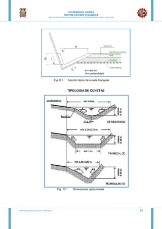 UNIVERSIDAD ANDINA
NESTOR CACERES VELASQUEZ
“AÑO DE LA DIVERSIFICACION PRODUCTVA Y DEL FORTALECIMIENTO DE LA EDUCACION”
HIDRAULICA EN CA NALES Y TUBERIAS 16
Fig. 9.1 Sección típica de cuneta triangular
TIPOLOGIADE CUNETAS
Fig. 10.1 Dimensiones aproximadas
 