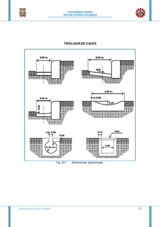 UNIVERSIDAD ANDINA
NESTOR CACERES VELASQUEZ
“AÑO DE LA DIVERSIFICACION PRODUCTVA Y DEL FORTALECIMIENTO DE LA EDUCACION”
HIDRAULICA EN CA NALES Y TUBERIAS 23
TIPOLOGÍADE CACES
Fig. 22.1 Dimensiones aproximadas
 