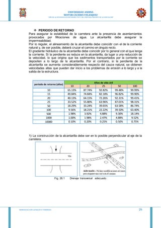 UNIVERSIDAD ANDINA
NESTOR CACERES VELASQUEZ
“AÑO DE LA DIVERSIFICACION PRODUCTVA Y DEL FORTALECIMIENTO DE LA EDUCACION”
HIDRAULICA EN CA NALES Y TUBERIAS 26
 PERIODO DE RETORNO
Para asegurar la estabilidad de la carretera ante la presencia de asentamientos
provocados por filtraciones de agua. La alcantarilla debe asegurar la
impermeabilidad.
Por lo regular, el alineamiento de la alcantarilla debe coincidir con el de la corriente
natural y, de ser posible, deberá cruzar el camino en ángulo recto.
El gradiente hidráulico de la alcantarilla debe coincidir por lo general con el que tenga
la corriente. Si la pendiente se reduce en la alcantarilla, da lugar a una reducción de
la velocidad, lo que origina que los sedimentos transportados por la corriente se
depositen a lo largo de la alcantarilla. Por el contrario, si la pendiente de la
alcantarilla se aumenta considerablemente respecto del cauce natural, se obtienen
velocidades altas que pueden dar inicio a los problemas de erosión a lo largo y a la
salida de la estructura.
periodo de retorno (años)
Años de vida útil
10 20 25 50 100
10 65.13% 87.74% 92.82% 99.48% 99.99%
15 49.84% 74.84% 82.18% 96.82% 99.90%
20 40.13% 64.15% 72.26% 92.31% 99.41%
25 33.52% 55.80% 63.96% 87.01% 98.31%
50 18.29% 33.24% 39.65% 63.58% 86.74%
100 9.56% 18.21% 22.22% 39.50% 63.40%
500 1.98% 3.92% 4.88% 9.30% 18.14%
1000 1.00% 1.98% 2.47% 4.88% 9.52%
10000 0.10% 0.20% 0.25% 0.50% 0.75%
1) La construcción de la alcantarilla debe ser en lo posible perpendicular al eje de la
carretera.
Fig. 26.1 Drenaje transversal adecuado
 
