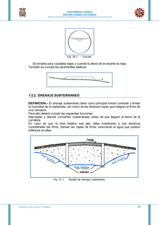 UNIVERSIDAD ANDINA
NESTOR CACERES VELASQUEZ
“AÑO DE LA DIVERSIFICACION PRODUCTVA Y DEL FORTALECIMIENTO DE LA EDUCACION”
HIDRAULICA EN CA NALES Y TUBERIAS 28
Fig. 30.1 Circular
Se emplea para caudales bajos y cuando la altura de la rasante es baja.
También se cumple las alcantarillas elípticas
1.5.2. DRENAJE SUBTERRANEO
DEFINICION.- El drenaje subterráneo tiene como principal misión controlar y limitar
la humedad de la explanada, así como de las diversas capas que integran el firme de
una carretera.
Para ello deberá cumplir las siguientes funciones:
Interceptar y desviar corrientes subterráneas antes de que lleguen al lecho de la
carretera.
En caso de que el nivel freático sea alto, debe mantenerlo a una distancia
considerable del firme. Sanear las capas de firme, evacuando el agua que pudiera
infiltrarse en ellas.
Fig. 31.1 Detalle de drenaje subterráneo
 