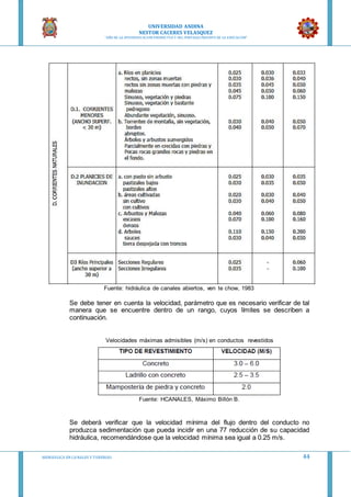 UNIVERSIDAD ANDINA
NESTOR CACERES VELASQUEZ
“AÑO DE LA DIVERSIFICACION PRODUCTVA Y DEL FORTALECIMIENTO DE LA EDUCACION”
HIDRAULICA EN CA NALES Y TUBERIAS 44
Fuente: hidráulica de canales abiertos, ven te chow, 1983
Se debe tener en cuenta la velocidad, parámetro que es necesario verificar de tal
manera que se encuentre dentro de un rango, cuyos límites se describen a
continuación.
Velocidades máximas admisibles (m/s) en conductos revestidos
Fuente: HCANALES, Máximo Billón B.
Se deberá verificar que la velocidad mínima del flujo dentro del conducto no
produzca sedimentación que pueda incidir en una 77 reducción de su capacidad
hidráulica, recomendándose que la velocidad mínima sea igual a 0.25 m/s.
 