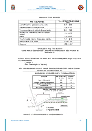 UNIVERSIDAD ANDINA
NESTOR CACERES VELASQUEZ
“AÑO DE LA DIVERSIFICACION PRODUCTVA Y DEL FORTALECIMIENTO DE LA EDUCACION”
HIDRAULICA EN CA NALES Y TUBERIAS 50
Velocidades límites admisibles
Para flujos de muy corta duración
Fuente: Manual de Diseño de Carreteras Pavimentadas de Bajo Volumen de
Tránsito-MTC.
Cuando existan limitaciones de ancho de la plataforma se puede proyectar cunetas
con doble función:
• Drenaje, y
• Área de emergencia (berma)
Para los cuales se debe buscar la solución más adecuada tales como: cunetas cubiertas,
berma-cuneta, cuneta tipo batea, etc.
 