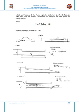 UNIVERSIDAD ANDINA
NESTOR CACERES VELASQUEZ
“AÑO DE LA DIVERSIFICACION PRODUCTVA Y DEL FORTALECIMIENTO DE LA EDUCACION”
HIDRAULICA EN CA NALES Y TUBERIAS 52
entrada y en la salida. En las figuras siguientes se ilustran ejemplos de flujo con
estos dos tipos de control. Usualmente se establece un valor crítico de
comparación H*:
Dónde:
Generalmente se considera: H* = 1.5 d
 