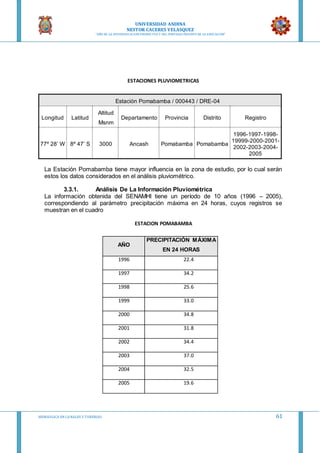 UNIVERSIDAD ANDINA
NESTOR CACERES VELASQUEZ
“AÑO DE LA DIVERSIFICACION PRODUCTVA Y DEL FORTALECIMIENTO DE LA EDUCACION”
HIDRAULICA EN CA NALES Y TUBERIAS 61
ESTACIONES PLUVIOMETRICAS
La Estación Pomabamba tiene mayor influencia en la zona de estudio, por lo cual serán
estos los datos considerados en el análisis pluviométrico.
3.3.1. Análisis De La Información Pluviométrica
La información obtenida del SENAMHI tiene un período de 10 años (1996 – 2005),
correspondiendo al parámetro precipitación máxima en 24 horas, cuyos registros se
muestran en el cuadro
ESTACION POMABAMBA
AÑO
PRECIPITACIÓN MÁXIMA
EN 24 HORAS
1996 22.4
1997 34.2
1998 25.6
1999 33.0
2000 34.8
2001 31.8
2002 34.4
2003 37.0
2004 32.5
2005 19.6
Estación Pomabamba / 000443 / DRE-04
Longitud Latitud
Altitud
Msnm
Departamento Provincia Distrito Registro
77º 28’ W 8º 47’ S 3000 Ancash Pomabamba Pomabamba
1996-1997-1998-
19999-2000-2001-
2002-2003-2004-
2005
 