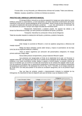 Drenaje linfático manual
A veces dolor, no muy frecuente, por inflamaciones crónicas mal curadas. Tratar zona dolorosa.
Malestar, nauseas, escalofríos o vómitos si el tiempo es excesivo.
PRACTICA DEL DRENAJE LINFATICO MANUAL
El drenaje linfático manual es una técnica especial de masaje que actúa sobre los vasos
linfáticos activando su automatismo, a nivel subcutáneo, por tanto mejorando la eliminación del líquido
intersticial y linfa que por causas patológicas se han acumulado. Actúa a través de dos mecanismos, por
una parte, la reabsorción del exceso de líquido y proteínas y por otra estimulando la motricidad de
los colectores aún activos. Aunque varía según escuelas las maniobras serán:
Reabsorción: Estiramiento y posterior presión. Se separan las células y se
tensan los filamentos de anclaje, por tanto penetra el excedente de líquido y proteínas
Transporte. Intensifican la contracción rítmica de los linfagiones
Todas las escuelas respetan la reabsorción del líquido y proteínas y posterior transporte.
Características generales:
Este masaje no aumenta la filtración a nivel de capilares sanguíneos a diferencia del
masaje corporal.
Relaja las fibras estriadas cuando están tensas y mejora el automatismo de las lisas
como las de los angiones linfáticos o intestino.
Tiene un efecto vagotónico por activación del parasimpático (relajación). El masaje
primero estimula y luego relaja.
Nunca debe producir enrojecimiento, porque implicaría filtración capilar.
Las presiones son tangenciales al límite de la elasticidad de la piel, sin friccionar ni
resbalar sobre ella. Los empujes de la piel son en sentido de los desagües de los diferentes cuadrantes
linfáticos y con cierto movimiento circular, elíptico o espiral y mínima presión. La presión máxima se
hace en el sentido que va la linfa en el resto del movimiento es de contacto No resbalar sobre la piel.
Con las presiones circulares hay un estiramiento longitudinal y transverso de los linfáticos subyacentes
favoreciendo el automatismo. No sobrepasar los 30 mm Hg. (1mm= Torricelli), en el masaje corporal es
de 70-80 OTR. Con esta poca presión no se activa la circulación sanguínea y así no se produce mayor
filtración.
Hay una fase de contacto, presión y descompresión imitando la motilidad de los
linfangiones. Es importante la fase de relajación para que de tiempo a que se desplace la linfa
22
 
