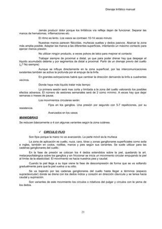 Drenaje linfático manual
Jamás producir dolor porque los linfáticos vía refleja dejan de funcionar. Separar las
manos de hematomas, inflamaciones etc.
El ritmo es lento. Los vasos se contraen 10-14 veces minuto
Nuestras manos parecen fláccidas, muñecas sueltas y dedos pasivos. Abarcar la zona
más amplia posible. Adaptar las manos a las diferentes superficies, intentando un máximo contacto para
ejercer menos presión.
No utilizar ningún producto, a veces polvos de talco para mejorar el contacto
Trabajar siempre de proximal a distal, ya que para poder drenar hay que despejar el
líquido acumulado delante y por segmentos de distal a proximal. Partir de un drenaje previo del cuello
(¿? No siempre)
Aunque se influye directamente en la zona superficial, por las intercomunicaciones
existentes también se activa la profunda por el empuje de la linfa.
En grandes extirpaciones habrá que cambiar la dirección derivando la linfa a cuadrantes
vecinos.
Donde haya más líquido tratar más tiempo
La primera sesión será mas corta y limitada a la zona del cuello valorando los posibles
efectos adversos. El número de sesiones semanales será de 2 como mínimo. A veces hay que dejar
semanas o meses de pausa.
Los movimientos circulares serán:
Fijos en los ganglios. Una presión por segundo con 5-7 repeticiones, por su
resistencia.
Avanzados en los vasos
MANIOBRAS
Se reducen básicamente a 4 con algunas variantes según la zona cutánea.
 CIRCULO FIJO
Son fijos porque la mano no va avanzando. La parte móvil es la muñeca
La zona de aplicación es cuello, nuca, cara, tórax y zonas ganglionares superficiales como axila
e ingles, también en codos, rodillas, manos y pies según sus variantes. Se suele utilizar para las
cadenas ganglionares del cuello.
En la fase de presión se colocan los 4 dedos extendidos sobre la piel, quedando la art.
metacarpofalángica sobre los ganglios y sin friccionar se inicia un movimiento circular empujando la piel
al límite de la elasticidad. El movimiento es hacia nuestros pies y caudal.
Cuando la piel llega a su tope viene la fase de descompresión de forma que se va soltando
gradualmente para que la piel vuelva a su sitio.
Se va bajando por las cadenas ganglionares del cuello hasta llegar a términos (espacio
supraclavicular) donde se drena con los dedos índice y corazón en dirección clavícula y se tensa hacia
caudal y supinación.
Son variantes de este movimiento los círculos o rotativos del pulgar y círculos con la yema de
los dedos.
23
 