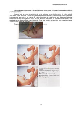 Drenaje linfático manual
Se utiliza para zonas curvas y largas del cuerpo como muslo. En general para las extremidades
y flancos del tronco
Cuando toda la mano contacta con la zona, colocada perpendicularmente. Se rodea toda la
zona entre pulgar e índice. Comienza la fase de presión realizando un estiramiento craneal máximo.
Después cesa la presión y se avanza. El máximo contacto se hace con el art. Metacarpofalángica,
realizando un empuje longitudinal hacia la ingle. El codo debe estar un poco flexionado para que el
desplazamiento sea tangencial y sin friccionar. Evitar una presión cortante, por ello antes de empujar
adaptar bien la palma de la mano.
Se puede realizar con ambas manos alternativamente.
26
 