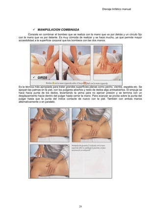 Drenaje linfático manual
 MANIPULACION COMBINADA
Consiste en combinar el bombeo que se realiza con la mano que va por detrás y un círculo fijo
con la mano que va por delante. Es muy cómoda de realizar y se hace mucho, ya que permite mayor
accesibilidad a la superficie corporal que los bombeos con las dos manos.
 GIROS
Es la técnica más apropiada para tratar grandes superficies planas como pecho, vientre, espalda etc. Se
apoyan las palmas en la piel, con los pulgares abiertos y resto de dedos algo entreabiertos. El empuje se
hace hacia punta de los dedos, levantando la yema para no ejercer presión y se termina con un
desplazamiento hacia dentro del pulgar hasta cerrar la mano. Para avanzar se pivota sobre la punta del
pulgar hasta que la punta del índice contacte de nuevo con la piel. También con ambas manos
alternativamente o en paralelo.
28
 
