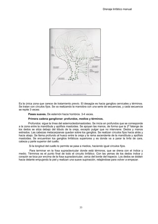 Drenaje linfático manual
Es la única zona que carece de tratamiento previo. El desagüe es hacia ganglios cervicales y términos.
Se tratan con círculos fijos. Se va realizando la maniobra con una serie de secuencias, y cada secuencia
se repite 3 veces:
Pases suaves. De esternón hacia hombros. 3-4 veces.
Primera cadena ganglionar: profundos, medios y términos.
Profundos: sigue la línea del esternocleidomastoideo. Se inicia en profundos que se corresponde
a la zona entre la mandíbula y apófisis mastoides. Se apoyan las manos, de forma que la 2ª falange de
los dedos se sitúa debajo del lóbulo de la oreja, excepto pulgar que no interviene. Dedos y manos
estirados. Las cabezas metacarpianas quedan sobre los ganglios. Se realizan círculos fijos hacia atrás y
hacia abajo. Se llama profundo al hueco entre la oreja y la rama ascendente de la mandíbula y apófisis
mastoides. Se encuentran los ganglios linfáticos superiores y es donde va a parar la linfa de cara,
cabeza y parte superior del cuello.
Si la longitud del cuello lo permite se pasa a medios, haciendo igual círculos fijos.
Para terminar en la fosa supraclavicular donde está términos, que se drena con el índice y
medio. Términos es el punto final de todo el circuito linfático. Con las yemas de los dedos índice y
corazón se toca por encima de la fosa supraclavicular, cerca del borde del trapecio. Los dedos se doblan
hacia delante empujando la piel y realizan una suave supinación, relajándose para volver a empezar.
33
 