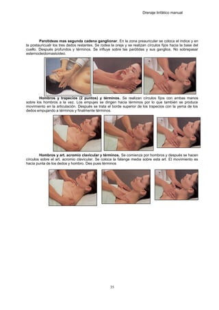 Drenaje linfático manual
Parotideas mas segunda cadena ganglionar. En la zona preauricular se coloca el índice y en
la postauricualr los tres dedos restantes. Se rodea la oreja y se realizan círculos fijos hacia la base del
cuello. Después profundos y términos. Se influye sobre las parótidas y sus ganglios. No sobrepasar
esternocleidomastoideo.
Hombros y trapecios (2 puntos) y términos. Se realizan círculos fijos con ambas manos
sobre los hombros a la vez. Los empujes se dirigen hacia términos por lo que también se produce
movimiento en la articulación. Después se trata el borde superior de los trapecios con la yema de los
dedos empujando a términos y finalmente términos.
Hombros y art. acromio clavicular y términos. Se comienza por hombros y después se hacen
círculos sobre el art. acromio clavicular. Se coloca la falange media sobre esta art. El movimiento es
hacia punta de los dedos y hombro. Des pues términos
35
 