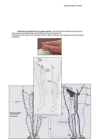 Drenaje linfático manual
Presiones en planta de pie y pasos suaves. Las yemas de los dedos empujan el arco
transversal de la planta del pie moviendo los huesos metatarsianos.
A diferencia de la mano no es necesario tratar ni planta ni dedos, pues apenas se acumula líquido
intersticial.
40
 