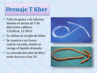 Drenaje T Kher 
 Tubo de goma o de silicona 
blando en forma de T de 
diferentes calibres. 
12x30cm, 12-20 fr. 
 Se utiliza en cirugía de biliar. 
 Se conecta a un frasco 
estéril, cerrado, donde se 
recoge el líquido drenado. 
 La retirada del tubo de Kher 
suele hacerse a los 10. 
 