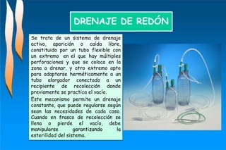 DRENAJE DE REDÓN
Se trata de un sistema de drenaje
activo, aparición o caída libre,
constituido por un tubo flexible con
un extremo en el que hay múltiples
perforaciones y que se coloca en la
zona a drenar, y otro extremo apto
para adaptarse herméticamente a un
tubo alargador conectado a un
recipiente de recolección donde
previamente se practica el vacío.
Este mecanismo permite un drenaje
constante, que puede regularse según
sean las necesidades de cada caso.
Cuando en frasco de recolección se
llena o pierde el vacío, debe
manipularse garantizando la
esterilidad del sistema.
 