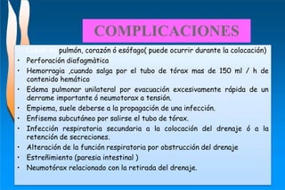• Lesión en pulmón, corazón ó esófago( puede ocurrir durante la colocación)
• Perforación diafagmàtica
• Hemorragia ,cuando salga por el tubo de tórax mas de 150 ml / h de
contenido hemático
• Edema pulmonar unilateral por evacuación excesivamente rápida de un
derrame importante ó neumotorax a tensión.
• Empiema, suele deberse a la propagación de una infección.
• Enfisema subcutáneo por salirse el tubo de tórax.
• Infección respiratoria secundaria a la colocación del drenaje ó a la
retención de secreciones.
• Alteración de la función respiratoria por obstrucción del drenaje
• Estreñimiento (paresia intestinal )
• Neumotórax relacionado con la retirada del drenaje.
COMPLICACIONES
 