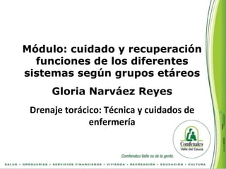 Módulo: cuidado y recuperación
  funciones de los diferentes
sistemas según grupos etáreos
      Gloria Narváez Reyes
 Drenaje torácico: Técnica y cuidados de
               enfermería
 