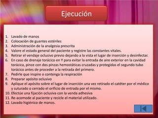 1. Lavado de manos
2. Colocación de guantes estériles
3. Administración de la analgesia prescrita
4. Valore el estado general del paciente y registre las constantes vitales.
5. Retirar el vendaje oclusivo previo dejando a la vista el lugar de inserción y desinfectar.
6. En caso de drenaje torácico en Y para evitar la entrada de aire exterior en la cavidad
torácica, pince con dos pinzas hemostáticas cruzadas y protegidas el segundo tubo
torácico antes de proceder a la retirada del primero.
7. Pedirle que inspire o contenga la respiración
8. Preparar apósito oclusivo
9. Aplique el apósito sobre el lugar de inserción una vez retirado el catéter por el médico
y suturado o cerrado el orificio de entrada por el mismo.
10. Efectúe una fijación oclusiva con la venda adhesiva
11. Re-acomode al paciente y recicle el material utilizado.
12. Lavado higiénico de manos.
Ejecución
 