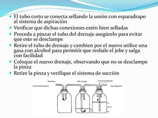  El tubo corto se conecta sellando la unión con esparadrapo
al sistema de aspiración
 Verificar que dichas conexiones estén bien selladas
 Proceda a pinzar el tubo del drenaje asegúrelo para evitar
que este se desclampe
 Retire el tubo de drenaje y cambien por el nuevo utilice una
gasa con alcohol para permitir que resbale el jebe y salga
con facilidad
 Coloque el nuevo drenaje, observando que no se desclampe
la pinza
 Retire la pinza y verifique el sistema de succión
 