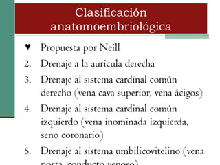Clasificación
      anatomoembriológica
♥ Propuesta por Neill
2. Drenaje a la aurícula derecha
3. Drenaje al sistema cardinal común
   derecho (vena cava superior, vena ácigos)
4. Drenaje al sistema cardinal común
   izquierdo (vena inominada izquierda,
   seno coronario)
5. Drenaje al sistema umbilicovitelino (vena
 