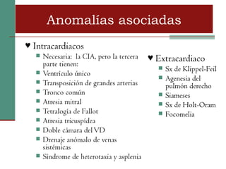 Anomalías asociadas
♥ Intracardiacos
      Necesaria: la CIA, pero la tercera ♥ Extracardiaco
       parte tienen:                         Sx de Klippel-Feil
      Ventrículo único                      Agenesia del
      Transposición de grandes arterias      pulmón derecho
      Tronco común                          Siameses
      Atresia mitral                        Sx de Holt-Oram
      Tetralogía de Fallot                  Focomelia
      Atresia tricuspídea
      Doble cámara del VD
      Drenaje anómalo de venas
       sistémicas
      Síndrome de heterotaxia y asplenia
 
