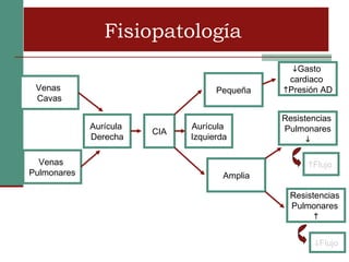 Fisiopatología
                                                 Gasto
                                                cardiaco
 Venas                              Pequeña    Presión AD
 Cavas

                                               Resistencias
             Aurícula         Aurícula         Pulmonares
                        CIA
             Derecha          Izquierda              

  Venas                                              Flujo
Pulmonares                            Amplia

                                                Resistencias
                                                Pulmonares
                                                      


                                                      Flujo
 