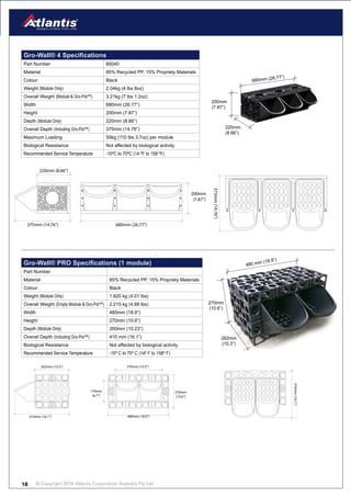 © Copyright 2016 Atlantis Corporation Australia Pty Ltd18
410mm (16.1”) 480mm (18.9”)
370mm (14.5”)262mm (10.3”)
270mm
(10.6”)
170mm
(6.7”)
410mm(16.1”)
270mm
(10.6”)
480 mm (18.9”)
262mm
(10.3”)
Gro-Wall® PRO Specifications (1 module)
Part Number
Material 85% Recycled PP, 15% Propriety Materials
Colour Black
Weight (Module Only) 1.820 kg (4.01 lbs)
Overall Weight (Empty Module & Gro-Pot™) 2.215 kg (4.88 lbs)
Width 480mm (18.9”)
Height 270mm (10.6”)
Depth (Module Only) 260mm (10.23”)
Overall Depth (Including Gro-Pot™) 410 mm (16.1”)
Biological Resistance Not affected by biological activity.
Recommended Service Temperature -10º C to 70º C (14º F to 158º F)
Gro-Wall® 4 Specifications
Part Number 80040
Material 85% Recycled PP, 15% Propriety Materials
Colour Black
Weight (Module Only) 2.04kg (4 lbs 8oz)
Overall Weight (Module & Gro-Pot™) 3.21kg (7 lbs 1.2oz)
Width 680mm (26.77”)
Height 200mm (7.87”)
Depth (Module Only) 220mm (8.66”)
Overall Depth (Including Gro-Pot™) 375mm (14.76”)
Maximum Loading 50kg (110 lbs 3.7oz) per module
Biological Resistance Not affected by biological activity.
Recommended Service Temperature -10ºC to 70ºC (14 ºF to 158 ºF)
200mm
(7.87”)
680mm (26.77”)
220mm
(8.66”)
375mm (14.76”) 680mm (26.77”)
220mm (8.66”)
200mm
(7.87”)
375mm(14.76”)
375mm (14.76”) 680mm (26.77”)
220mm (8.66”)
200mm
(7.87”)
375mm(14.76”)
410mm (16.1”) 480mm (18.9”)
370mm (14.5”)262mm (10.3”)
270mm
(10.6”)
170mm
(6.7”)
410mm(16.1”)
410mm (16.1”) 480mm (18.9”)
370mm (14.5”)262mm (10.3”)
270mm
(10.6”)
170mm
(6.7”)
410mm(16.1”)
 