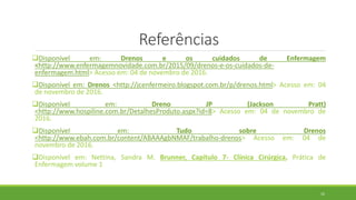 Referências
Disponível em: Drenos e os cuidados de Enfermagem
<http://www.enfermagemnovidade.com.br/2015/09/drenos-e-os-cuidados-de-
enfermagem.html> Acesso em: 04 de novembro de 2016.
Disponível em: Drenos <http://jcenfermeiro.blogspot.com.br/p/drenos.html> Acesso em: 04
de novembro de 2016.
Disponível em: Dreno JP (Jackson Pratt)
<http://www.hospiline.com.br/DetalhesProduto.aspx?id=8> Acesso em: 04 de novembro de
2016.
Disponível em: Tudo sobre Drenos
<http://www.ebah.com.br/content/ABAAAgbNMAF/trabalho-drenos> Acesso em: 04 de
novembro de 2016.
Disponível em: Nettina, Sandra M. Brunner, Capítulo 7- Clínica Cirúrgica, Prática de
Enfermagem volume 1
10
 