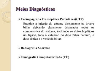 Meios Diagnósticos

 Colangiografia Transepática Percutânea(CTP)
   Envolve a injeção do corante diretamente na árvore
   biliar deixando claramente destacados todos os
   componentes do sistema, incluindo os dutos hepáticos
   no fígado, toda a extensão do duto biliar comum, o
   duto cístico e a vesícula biliar.

 Radiografia Anormal

 Tomografia Computadorizada (TC)
 