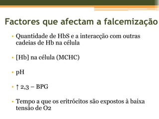 Interacção células falciformes - endotélioOclusão vascular depende:Taxa polimerização HbSTempo trânsito nos capilaresReticulócitos:α4β1 integrina liga-se à fibronectina e VCAM-1Células endoteliais e subpopulação de reticulócitos:
