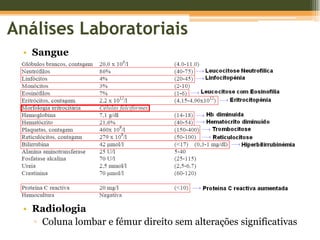 Análises LaboratoriaisSangueRadiologiaColuna lombar e fémur direito sem alterações significativas