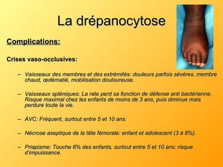 La drépanocytose Complications: Crises vaso-occlusives: Vaisseaux des membres et des extrémités: douleurs parfois sévères, membre chaud, œdématié, mobilisation douloureuse. Vaisseaux spléniques: La rate perd sa fonction de défense anti bactérienne. Risque maximal chez les enfants de moins de 3 ans, puis diminue mais perdure toute la vie. AVC: Fréquent, surtout entre 5 et 10 ans. Nécrose aseptique de la tête fémorale: enfant et adolescent (3 à 8%). Priapisme: Touche 6% des enfants, surtout entre 5 et 10 ans: risque d’impuissance. 