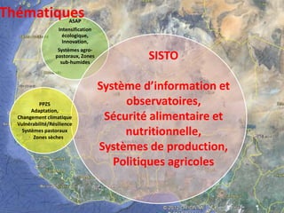 ASAP
Intensification
écologique,
Innovation,
Systèmes agro-
pastoraux, Zones
sub-humides
Thématiques
SISTO
Système d’information et
observatoires,
Sécurité alimentaire et
nutritionnelle,
Systèmes de production,
Politiques agricoles
PPZS
Adaptation,
Changement climatique
Vulnérabilité/Résilience
Systèmes pastoraux
Zones sèches
 