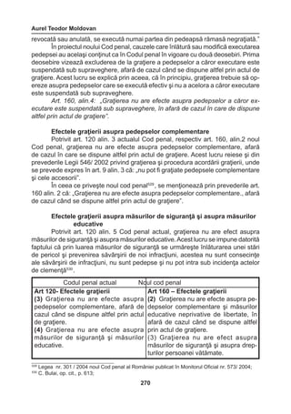 Aurel Teodor Moldovan 
270 
revocată sau anulată, se execută numai partea din pedeapsă rămasă negraţiată.” 
În proiectul noului Cod penal, cauzele care înlătură sau modifică executarea 
pedepsei au acelaşi conţinut ca în Codul penal în vigoare cu două deosebiri. Prima 
deosebire vizează excluderea de la graţiere a pedepselor a căror executare este 
suspendată sub supraveghere, afară de cazul când se dispune altfel prin actul de 
graţiere. Acest lucru se explică prin aceea, că în principiu, graţierea trebuie să op-ereze 
asupra pedepselor care se execută efectiv şi nu a acelora a căror executare 
este suspendată sub supraveghere. 
Art. 160, alin.4: „Graţierea nu are efecte asupra pedepselor a căror ex-ecutare 
este suspendată sub supraveghere, în afară de cazul în care de dispune 
altfel prin actul de graţiere”. 
Efectele graţierii asupra pedepselor complementare 
Potrivit art. 120 alin. 3 actualul Cod penal, respectiv art. 160, alin.2 noul 
Cod penal, graţierea nu are efecte asupra pedepselor complementare, afară 
de cazul în care se dispune altfel prin actul de graţiere. Acest lucru reiese şi din 
prevederile Legii 546/ 2002 privind graţierea şi procedura acordării graţierii, unde 
se prevede expres în art. 9 alin. 3 că: „nu pot fi graţiate pedepsele complementare 
şi cele accesorii”. 
În ceea ce priveşte noul cod penal529 , se menţionează prin prevederile art. 
160 alin. 2 că: „Graţierea nu are efecte asupra pedepselor complementare., afară 
de cazul când se dispune altfel prin actul de graţiere”. 
Efectele graţierii asupra măsurilor de siguranţă şi asupra măsurilor 
educative 
Potrivit art. 120 alin. 5 Cod penal actual, graţierea nu are efect asupra 
măsurilor de siguranţă şi asupra măsurilor educative. Acest lucru se impune datorită 
faptului că prin luarea măsurilor de siguranţă se urmăreşte înlăturarea unei stări 
de pericol şi prevenirea săvârşirii de noi infracţiuni, acestea nu sunt consecinţe 
ale săvârşirii de infracţiuni, nu sunt pedepse şi nu pot intra sub incidenţa actelor 
de clemenţă530 . 
Codul penal actual Noul cod penal 
Art 120- Efectele graţierii 
(3) Graţierea nu are efecte asupra 
pedepselor complementare, afară de 
cazul când se dispune altfel prin actul 
de graţiere. 
(4) Graţierea nu are efecte asupra 
măsurilor 
de siguranţă şi măsurilor 
educative. 
Art 160 – Efectele graţierii 
(2) Graţierea nu are efecte asupra pe-depselor 
complementare şi măsurilor 
educative neprivative de libertate, în 
afară de cazul când se dispune altfel 
prin actul de graţiere. 
(3) Graţierea nu are efect asupra 
măsurilor de siguranţă şi asupra drep-turilor 
persoanei vătămate. 
529 Legea nr. 301 / 2004 noul Cod penal al României publicat în Monitorul Oficial nr. 573/ 2004; 
530 C. Bulai, op. cit., p. 613; 
 