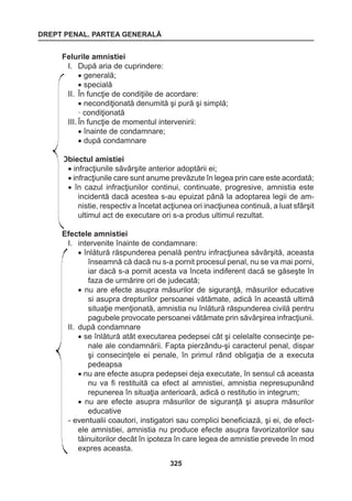 DREPT PENAL. PARTEA GENERALĂ 
325 
Felurile amnistiei 
I. După aria de cuprindere: 
• generală; 
• specială 
II. În funcţie de condiţiile de acordare: 
• necondiţionată denumită şi pură şi simplă; 
· condiţionată 
III. În funcţie de momentul intervenirii: 
• înainte de condamnare; 
• după condamnare 
Obiectul amistiei 
• infracţiunile săvârşite anterior adoptării ei; 
• infracţiunile care sunt anume prevăzute în legea prin care este acordată; 
• în cazul infracţiunilor continui, continuate, progresive, amnistia este 
incidentă dacă acestea s-au epuizat până la adoptarea legii de am-nistie, 
respectiv a încetat acţiunea ori inacţiunea continuă, a luat sfârşit 
ultimul act de executare ori s-a produs ultimul rezultat. 
Efectele amnistiei 
I. intervenite înainte de condamnare: 
• înlătură răspunderea penală pentru infracţiunea săvârşită, aceasta 
înseamnă că dacă nu s-a pornit procesul penal, nu se va mai porni, 
iar dacă s-a pornit acesta va înceta indiferent dacă se găseşte în 
faza de urmărire ori de judecată; 
• nu are efecte asupra măsurilor de siguranţă, măsurilor educative 
si asupra drepturilor persoanei vătămate, adică în această ultimă 
situaţie menţionată, amnistia nu înlătură răspunderea civilă pentru 
pagubele provocate persoanei vătămate prin săvârşirea infracţiunii. 
II. după condamnare 
• se înlătură atât executarea pedepsei cât şi celelalte consecinţe pe-nale 
ale condamnării. Fapta pierzându-şi caracterul penal, dispar 
şi consecinţele ei penale, în primul rând obligaţia de a executa 
pedeapsa 
• nu are efecte asupra pedepsei deja executate, în sensul că aceasta 
nu va fi restituită ca efect al amnistiei, amnistia nepresupunând 
repunerea în situaţia anterioară, adică o restitutio in integrum; 
• nu are efecte asupra măsurilor de siguranţă şi asupra măsurilor 
educative 
- eventualii coautori, instigatori sau complici beneficiază, şi ei, de efect-ele 
amnistiei, amnistia nu produce efecte asupra favorizatorilor sau 
tăinuitorilor decât în ipoteza în care legea de amnistie prevede în mod 
expres aceasta. 
 