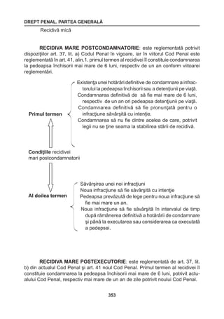 DREPT PENAL. PARTEA GENERALĂ 
353 
Recidivă mică 
RECIDIVA MARE POSTCONDAMNATORIE: este reglementată potrivit 
dispoziţiilor art. 37, lit. a) Codul Penal în vigoare, iar în viitorul Cod Penal este 
reglementată în art. 41, alin.1. primul termen al recidivei îl constituie condamnarea 
la pedeapsa închisorii mai mare de 6 luni, respectiv de un an conform viitoarei 
reglementări. 
RECIDIVA MARE POSTEXECUTORIE: este reglementată de art. 37, lit. 
b) din actualul Cod Penal şi art. 41 noul Cod Penal. Primul termen al recidivei îl 
constituie condamnarea la pedeapsa închisorii mai mare de 6 luni, potrivit actu-alului 
Cod Penal, respectiv mai mare de un an de zile potrivit noului Cod Penal. 
Săvârşirea unei noi infracţiuni 
Noua infracţiune să fie săvârşită cu intenţie 
Pedeapsa prevăzută de lege pentru noua infracţiune să 
fie mai mare un an. 
Noua infracţiune să fie săvârşită în intervalul de timp 
după rămânerea definitivă a hotărârii de condamnare 
şi până la executarea sau considerarea ca executată 
a pedepsei. 
Primul termen 
Condiţiile recidivei 
mari postcondamnatorii 
Al doilea termen 
Existenţa unei hotărâri definitive de condamnare a infrac-torului 
la pedeapsa închisorii sau a detenţiunii pe viaţă. 
Condamnarea definitivă de să fie mai mare de 6 luni, 
respectiv de un an ori pedeapsa detenţiunii pe viaţă. 
Condamnarea definitivă să fie pronunţată pentru o 
infracţiune săvârşită cu intenţie. 
Condamnarea să nu fie dintre acelea de care, potrivit 
legii nu se ţine seama la stabilirea stării de recidivă. 
 