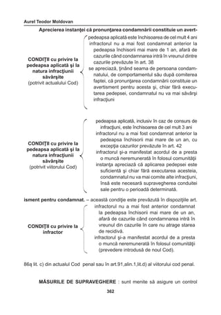 Aurel Teodor Moldovan 
362 
Aprecierea instanţei că pronunţarea condamnării constituie un avert-isment 
pentru condamnat. – această condiţie este prevăzută în dispoziţiile art. 
86ą lit. c) din actualul Cod penal sau în art.91,alin.1,lit.d) al viitorului cod penal. 
MĂSURILE DE SUPRAVEGHERE : sunt menite să asigure un control 
CONDIŢII cu privire la 
pedeapsa aplicată şi la 
natura infracţiunii 
săvârşite 
(potrivit actualului Cod) 
pedeapsa aplicată este închisoarea de cel mult 4 ani 
infractorul nu a mai fost condamnat anterior la 
pedeapsa închisorii mai mare de 1 an, afară de 
cazurile când condamnarea intră în vreunul dintre 
cazurile prevăzute în art. 38 
se apreciază, ţinând seama de persoana condam-natului, 
de comportamentul său după comiterea 
faptei, că pronunţarea condamnării constituie un 
avertisment pentru acesta şi, chiar fără execu-tarea 
pedepsei, condamnatul nu va mai săvârşi 
infracţiuni 
CONDIŢII cu privire la 
pedeapsa aplicată şi la 
natura infracţiunii 
săvârşite 
(potrivit viitorului Cod) 
pedeapsa aplicată, inclusiv în caz de consurs de 
infracţiuni, este închisoarea de cel mult 3 ani 
infractorul nu a mai fost condamnat anterior la 
pedeapsa închisorii mai mare de un an, cu 
excepţia cazurilor prevăzute în art. 42 
infractorul şi-a manifestat acordul de a presta 
o muncă neremunerată în folosul comunităţii 
instanţa apreciază că aplicarea pedepsei este 
suficientă şi chiar fără executarea acesteia, 
condamnatul nu va mai comite alte infracţiuni, 
însă este necesară supravegherea conduitei 
sale pentru o perioadă determinată. 
CONDIŢII cu privire la 
infractor 
infractorul nu a mai fost anterior condamnat 
la pedeapsa închisorii mai mare de un an, 
afară de cazurile când condamnarea intră în 
vreunul din cazurile în care nu atrage starea 
de recidivă. 
infractorul şi-a manifestat acordul de a presta 
o muncă neremunerată în folosul comunităţii 
(prevedere introdusă de noul Cod). 
 