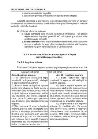 DREPT PENAL. PARTEA GENERALĂ 
61 
Actualul cod penal Viitrul cod penal 
Art 44 Legitima apărare 
(1) Nu constituie infracţiune fapta 
prevăzută de legea penală, săvârşită 
în stare de legitimă apărare. 
(2) Este în stare de legitimă apărare 
acela care săvârşeşte fapta pentru a 
înlătura un atac material, direct, imediat 
şi injust, îndreptat împotriva sa, a altuia 
sau împotriva unui interes obştesc şi 
care pune în pericol grav persoana 
sau drepturile celui atacat ori interesul 
obştesc. 
(21)Se prezumă că este în legitimă 
apărare, şi acela care săvârşeşte fapta 
pentru a respinge pătrunderea fără 
drept a unei persoane prin violenţă, 
viclenie, efracţie, sau prin alte aseme-nea 
mijloace, într-o locuinţă, încăpere, 
dependinţă sau loc împrejmuit sau de-limitat 
prin semne de marcare. 
Art. 19 Legitima apărare 
( 1 ) E s t e j u s t i f i c a t ă f a p t a 
prevăzută de legea penală săvârşită în 
legitimă apărare. 
(2) Este în legitimă apărare per-soana 
care săvârşeşte fapta pentru a 
înlătura un atac material, direct, imediat 
şi injust, care pune în pericol persoana 
sa, a altuia, drepturile acestora sau un 
interes general, dacă apărarea este 
proporţională cu gravitatea atacului. 
(3) Se prezumă a fi în legitimă 
apărare, în condiţiile alin. (2), acela 
care comite fapta pentru a respinge 
pătrunderea unei persoane într-o 
locuinţă, fără drept, în timpul nopţii, 
prin violenţă, viclenie, efracţie sau alte 
asemenea mijloace. 
b. cauze care privesc vinovăţia 
c. cauze care privesc prevederea în legea penală a faptei. 
Această clasificare s-a considerat în doctrina penală ca având un caracter 
convenţional, deoarece înlăturarea unei trăsături esenţiale influenţează în realitate 
existenţa celorlalte trăsături. 
B. Criteriul sferei de aplicare 
a. cauze generale care înlătură caracterul infracţional - îşi găsesc 
reglementarea în partea generală a Codului penal şi sunt aplicabile 
oricăror cauze concrete 
b. cauze speciale având o aplicabilitate mai restrânsă, doar la cazurile 
anume prevăzute de lege, găsindu-şi reglementarea atât în partea 
generală cât şi în partea specială a Codului penal. 
3.4.2. Cauzele care înlătură caracterul penal al faptei 
prin înlăturarea vinovăţiei 
3.4.2.1. Legitima apărare 
În Actualul Cod penal legitima apărare îşi găseşte reglementarea în art. 44, 
 