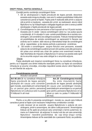 DREPT PENAL. PARTEA GENERALĂ 
67 
Actualul cod penal Viitorul cod penal 
Art 46 alin 2- nu constituie infracţiune 
fapta prevăzută de legea penală, 
săvârşită din cauza unei constrân-geri 
morale, exercitată prin ameninţare 
cu un pericol grav pentru persoana 
făptuitorului ori a altuia şi care nu poate 
fi înlăturat în alt mod 
Art. 25 Constrângerea morală 
Nu este imputabilă fapta 
prevăzută de legea penală săvârşită 
din cauza unei constrângeri morale, 
exercitată prin ameninţare cu un pericol 
grav pentru persoana făptuitorului ori a 
altuia şi care nu putea fi înlăturată în 
alt mod. 
Condiţii pentru existenţa constrângerii fizice 
1. Să se săvârşească o faptă prevăzută de legea penală, deoorece 
aceasta este singura situaţie care are în vedere posibiltatea înlăturării 
caracterului penal al faptei. Fapta pote fi realizată atât printr-o acţiune 
căt şi printr-o inacţiune , aceasta din urmă se realizează atunci când 
făptuitorul nu îşi îndeplineşte o obligaţie legală pe care o avea şi astfel 
săvârşeşte o faptă prevăzută de legea penală 
2. Constrângerea la care persoana a fost supusă să nu îi fi putut rezista. 
Aceasta are în veder natura constrângerii cărei nu i se putea opune 
o rezistenţă, dr în situaţia în care exista posibilitatea de a rezista con-strângerii, 
cel constrâns era obligat la aceasta. Trebuie menţionat faptul 
că posibilitatea de arzista constrângerii se aprecaiză în fiecare caz 
avându-se în vedere atât natura şi intensitatea forţei de constrângere 
cât şi capacitatea şi de starea psihică a persoanei onstrânse. 
3. Să existe o constrângere asupra fizicului unei persoane, această 
acţiune de constrângere putând proveni din partea unei alte persoane, 
din prtea unui animal sau chiar din partea unor eveniment menite a 
răpii libertatea de mişcare a făptuitorului în sensul ca acesta este oprit 
de la anumite acşiuni sau este obligat la o anumită acţiune. 
Efecte 
Fapta săvârşită sub imperiul constrângerii fizice nu constituie infracţiune, 
pentru ca îi lipşsete una dintre trăsturile esenţiale pentru ca fapta să cxonstituie 
infracţiune şi anume vinovăţia, vinovăţia neputând exista atunci când făptuitorul 
nu are libertat de acţiune. 
Constrângerea morală 
Pentru a ne afla în prezenţa constrângerii morale ca, cauză care înlătură 
caracterul penal al fapte sunt necesare îndeplinirea următorelor condiţii: 
a) este necesar să se exercite asupra făptuitorului o acţiune de con-strângere, 
printr-o ameninţare, de către o altă persoană. Ameninţarea 
trebuie să fie aptă să producă celui ameninţat o temre puternică, te-mere 
ce îl determină să acţionez în modul voit de cel care ameninţă, 
făptuitorul neavând posibilitatea de –aşi dirija singur voinţa. 
Ameninţarea trebuie să fie exercitată de o persoană fizică, ea putându- 
 
